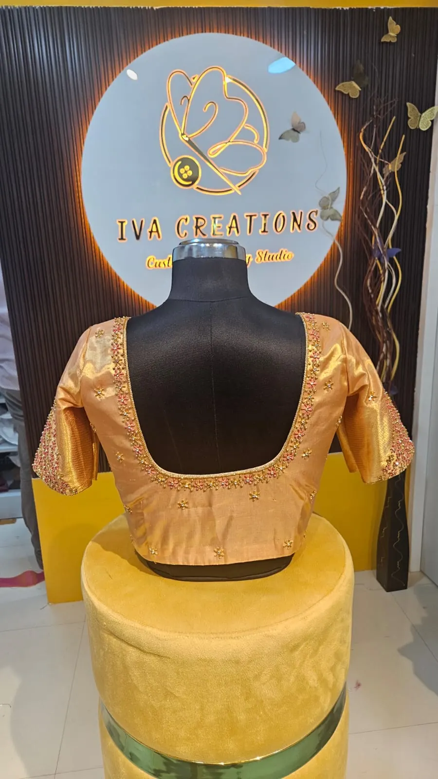 Gold tissue blouse with pink floral bead and zardosi work