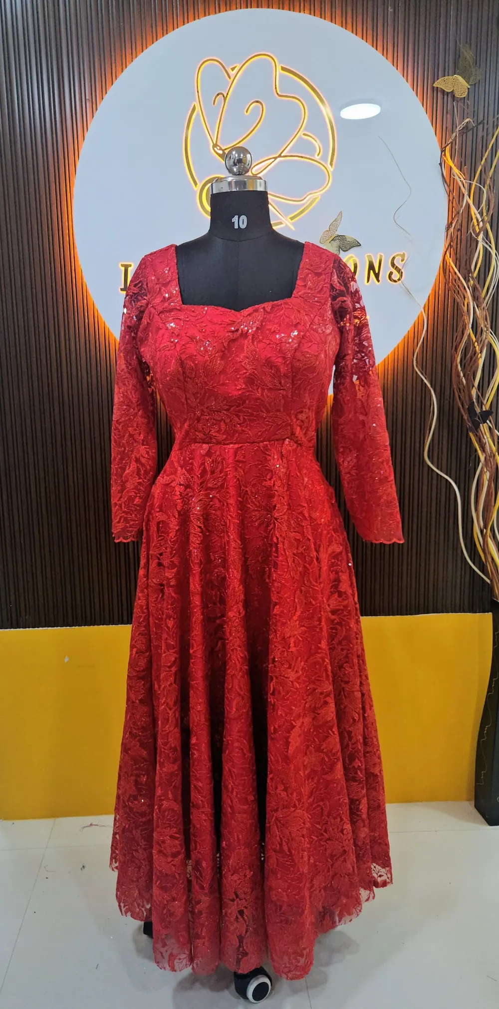 Red sequin lace anarkali gown with a sweetheart neckline